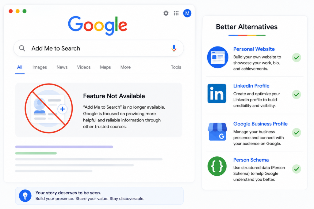 Illustration explaining why Add Me to Search is no longer working.